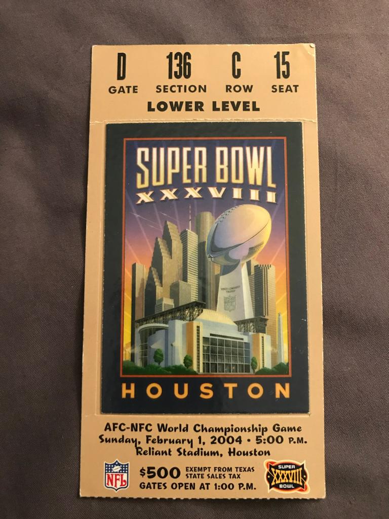 Picture of a Super Bowl XXXVIII ticket stub, courtesy of Chris Rose